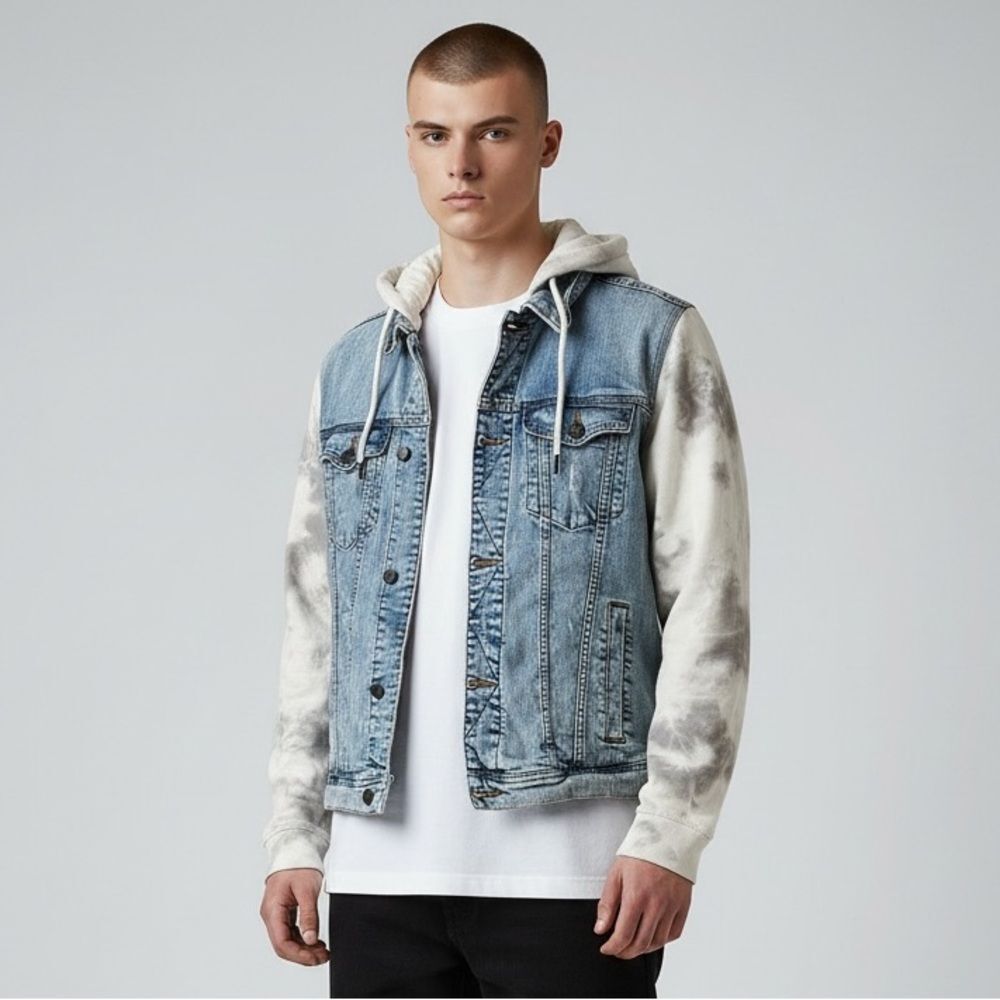 Hollister Denim Jacket w Hoodie Sleeves Tie Dye Zip Button Front Size L